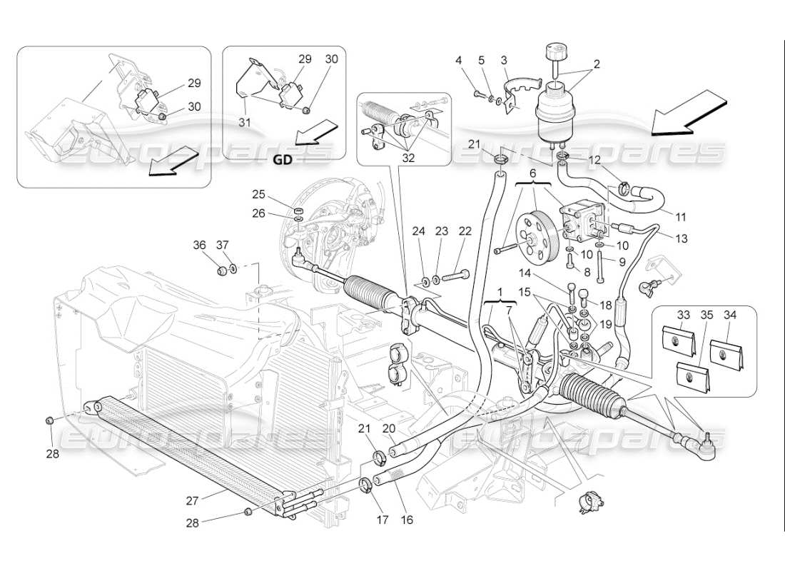 maserati qtp. (2010) 4.7 auto diagrama de piezas de la caja de dirección y la bomba de dirección hidráulica