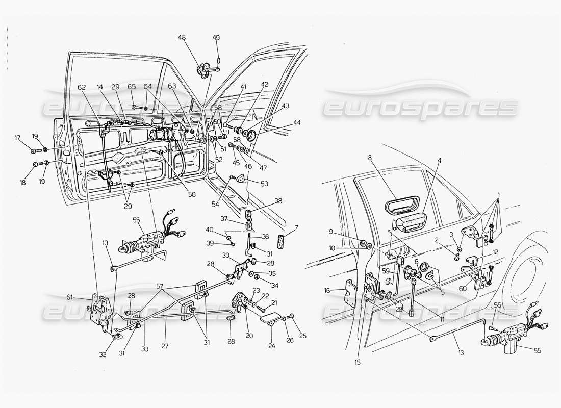 maserati 228 puertas: diagrama de piezas de bisagras y controles internos