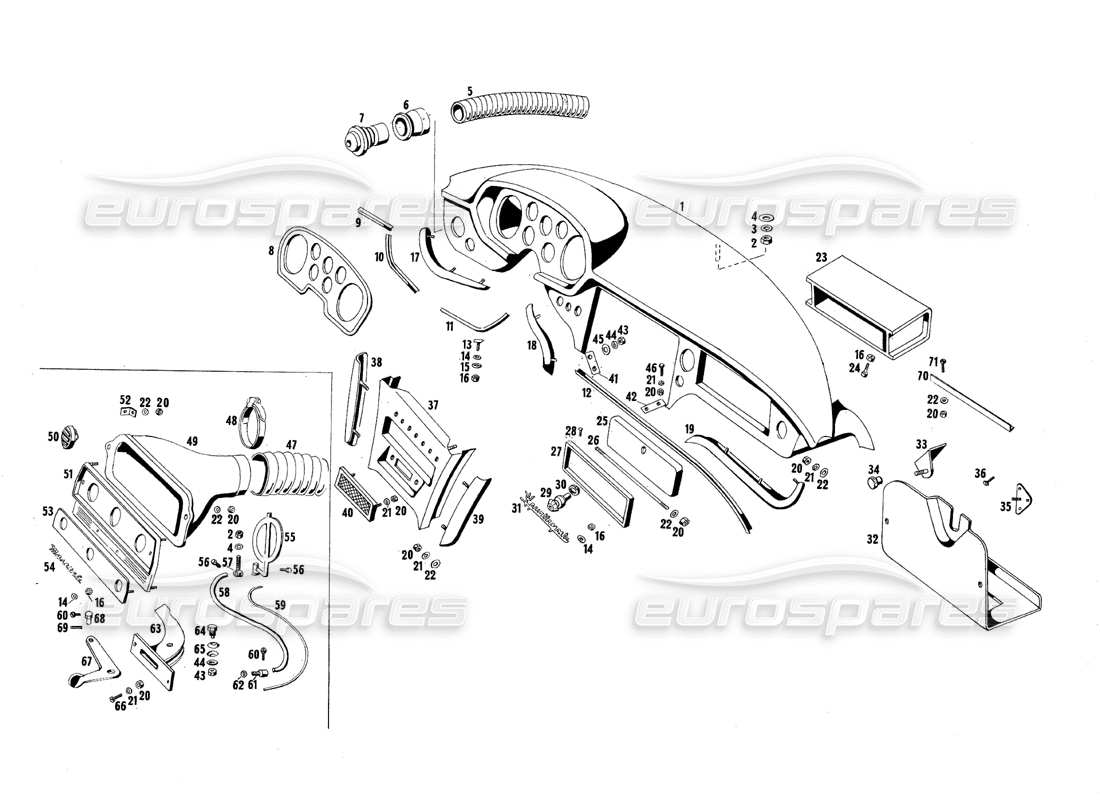 maserati qtp.v8 4.7 (s1 & s2) 1967 diagrama de piezas de los paneles del tablero