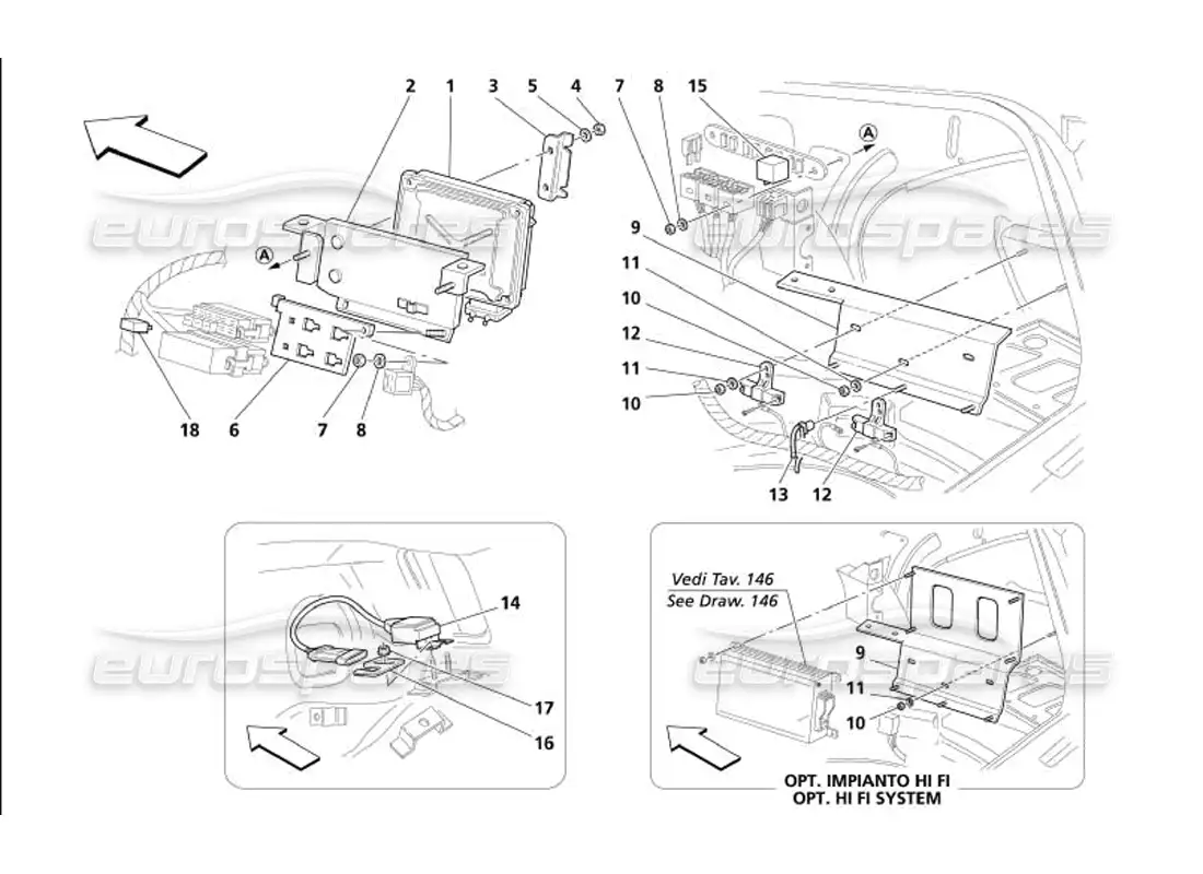 maserati 4200 gransport (2005) diagrama de piezas de las unidades de control y sensor del capó del maletero del lado derecho