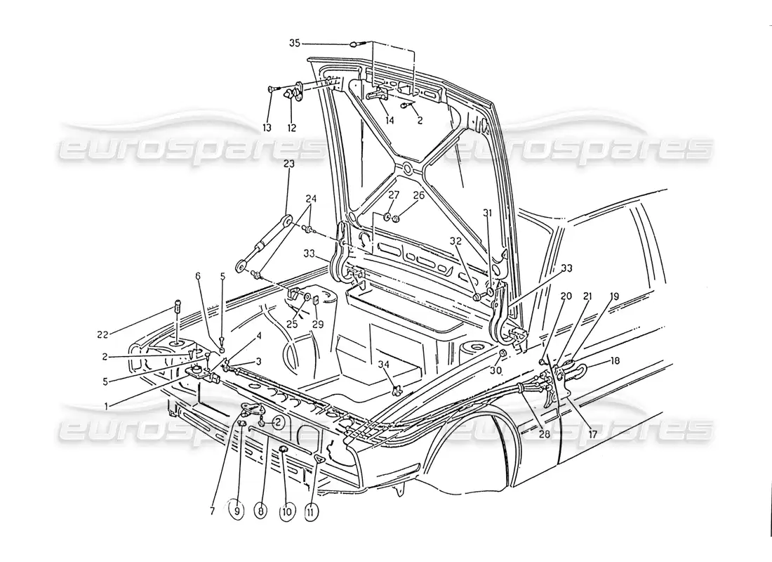 maserati 222 / 222e biturbo capó: bisagras y liberación del capó diagrama de piezas