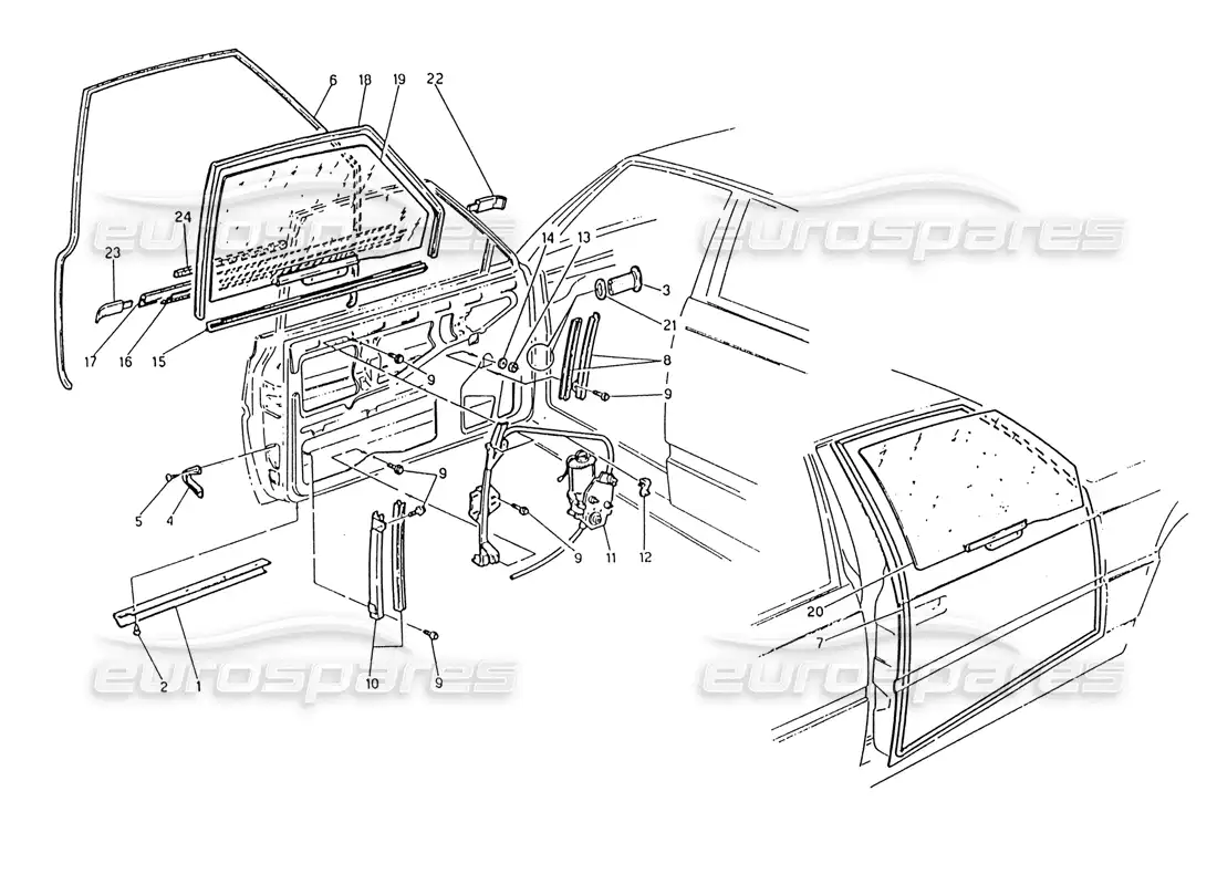 maserati 222 / 222e biturbo puertas: ventanas y reguladores diagrama de piezas