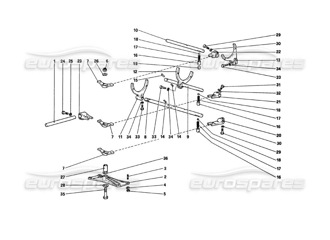 ferrari 308 gtb (1980) diagrama de piezas de los controles internos de la caja de cambios