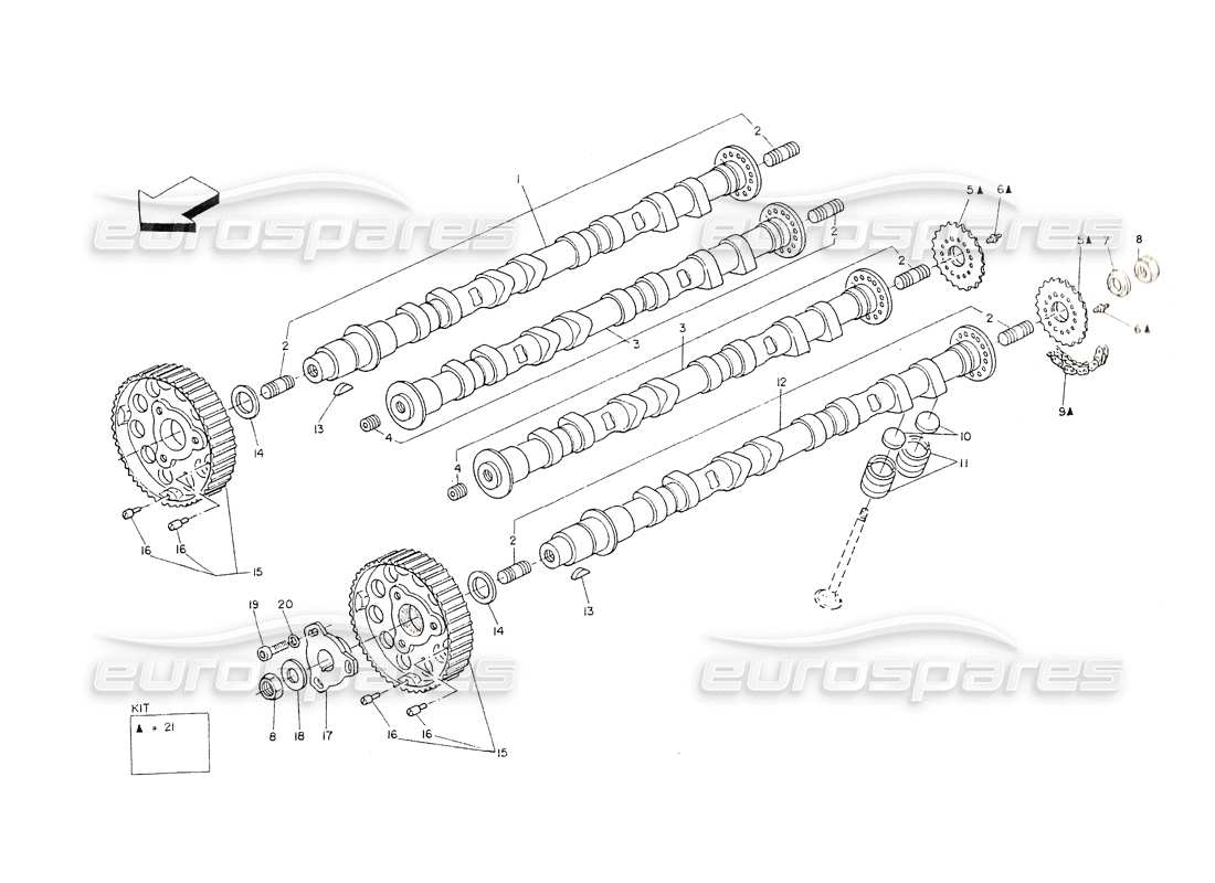 maserati shamal sistema de sincronización: árboles de levas diagrama de piezas