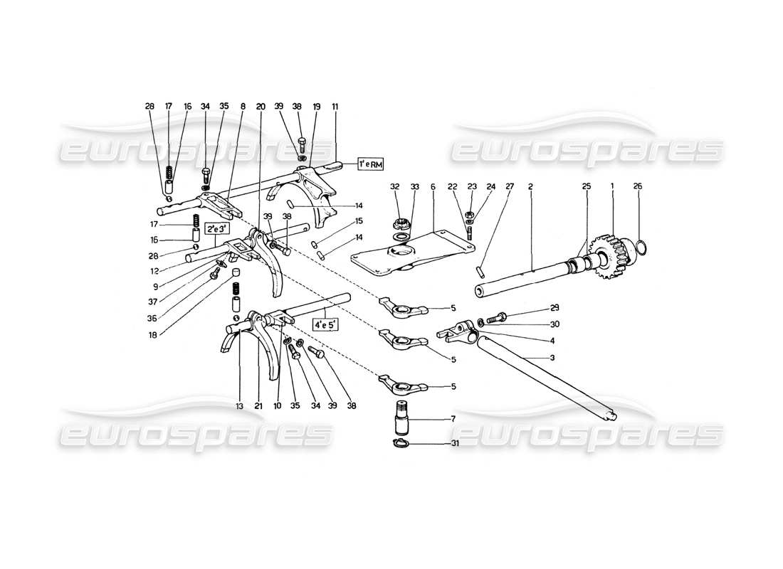 ferrari 246 dino (1975) diagrama de piezas de los controles internos de la caja de cambios