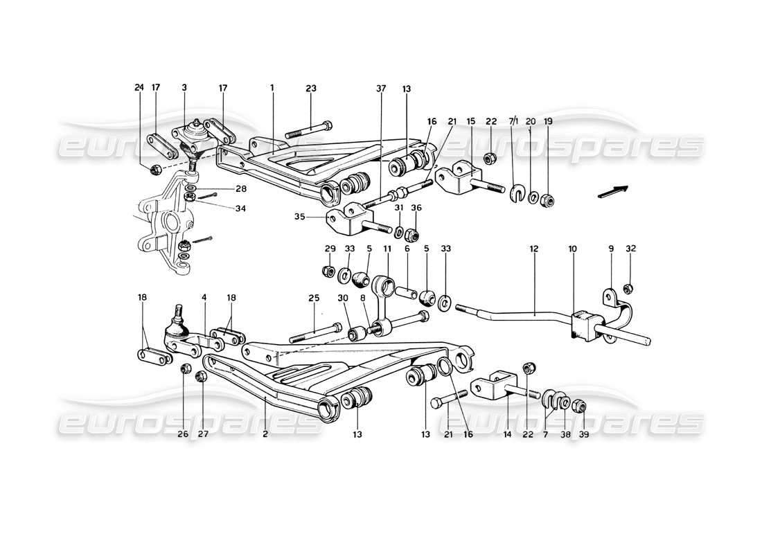 ferrari 246 dino (1975) suspensión delantera - diagrama de piezas de horquillas