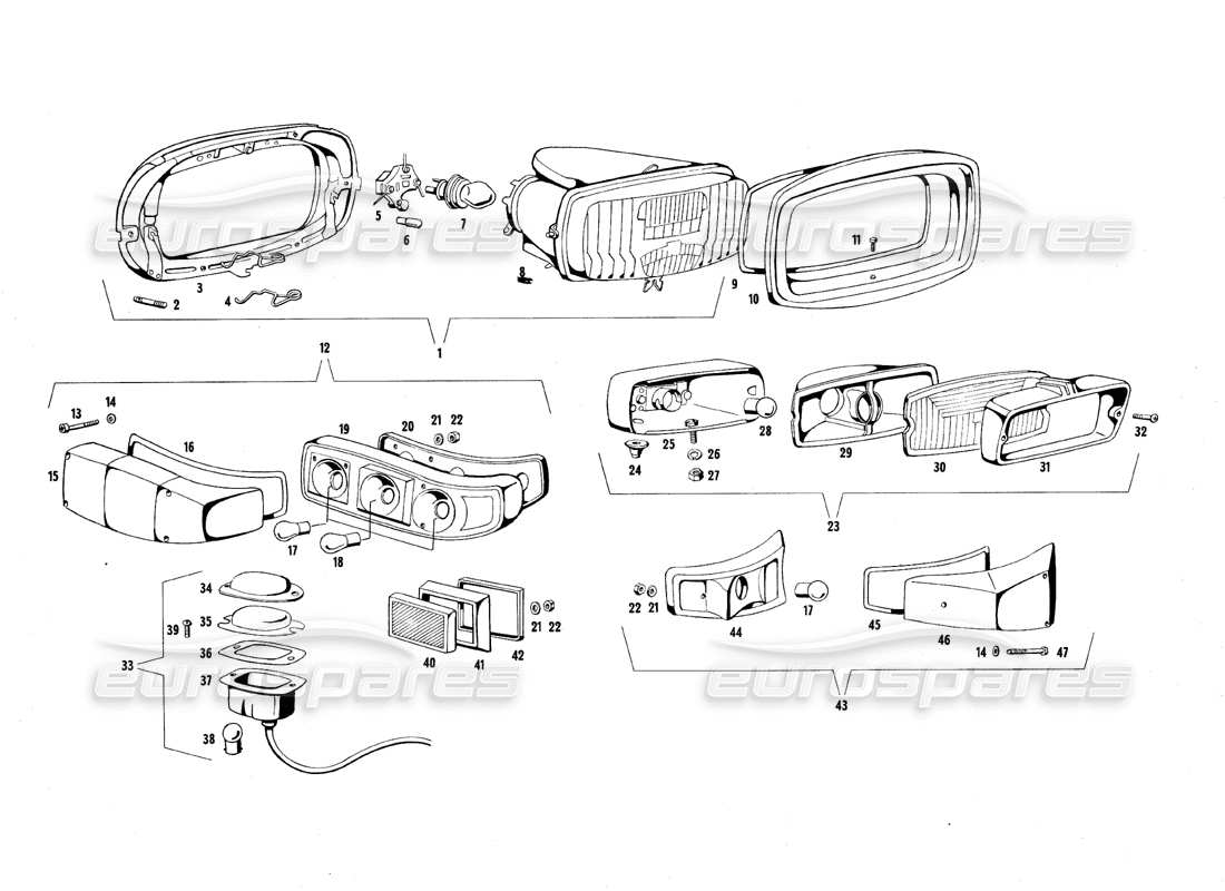 maserati qtp.v8 4.7 (s1 & s2) 1967 diagrama de piezas de luces