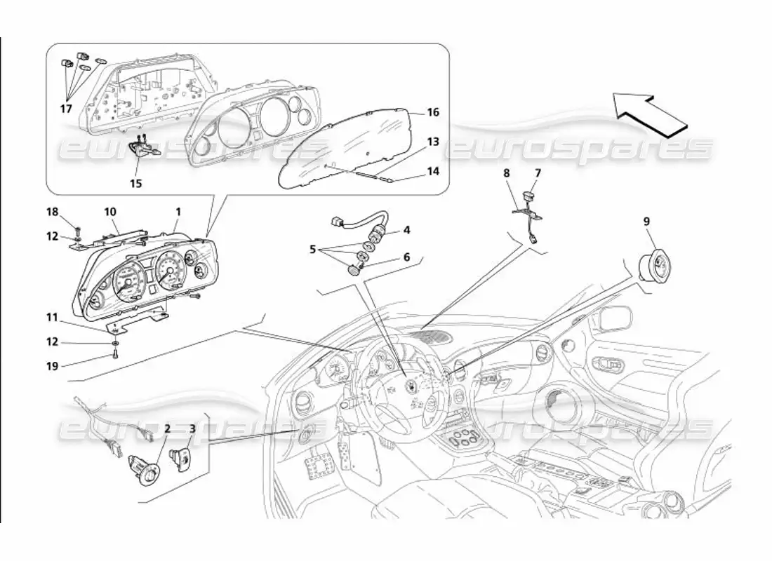 maserati 4200 gransport (2005) instrumentos del tablero diagrama de piezas
