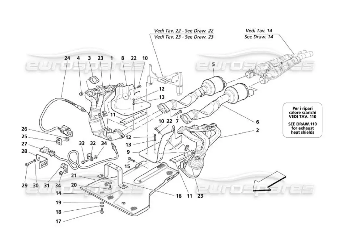 maserati 4200 spyder (2005) sistema de escape -variaciones para usa y cdn- diagrama de piezas
