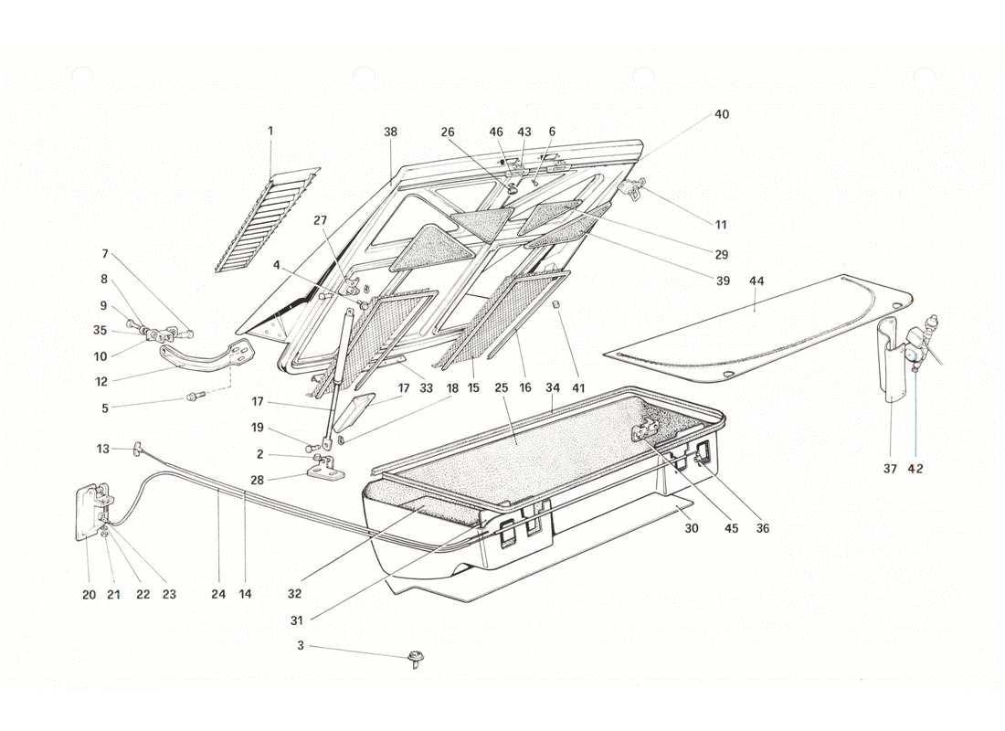 ferrari 208 gtb gts diagrama de piezas del capó trasero y del maletero