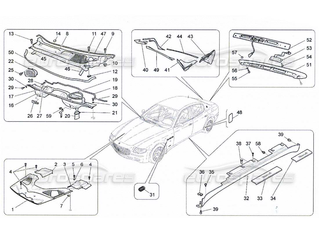 maserati qtp. (2010) 4.2 diagrama de piezas de escudos, molduras y paneles de cobertura