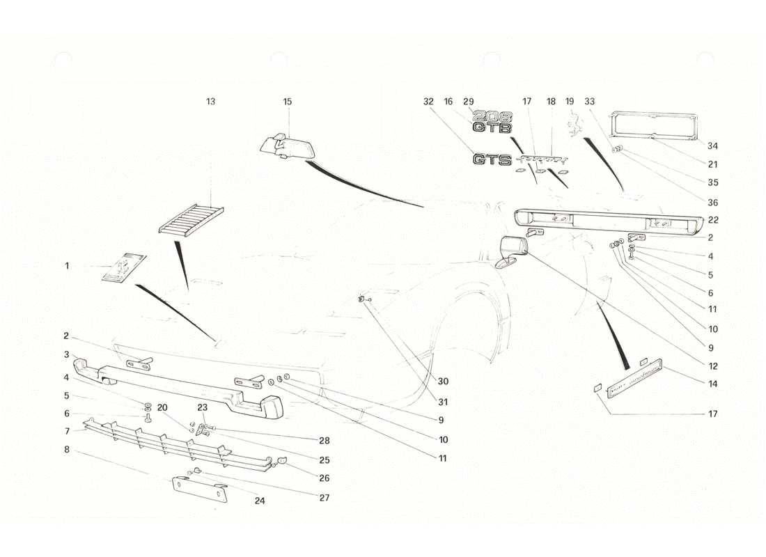 ferrari 208 gtb gts diagrama de piezas de parachoques y molduras