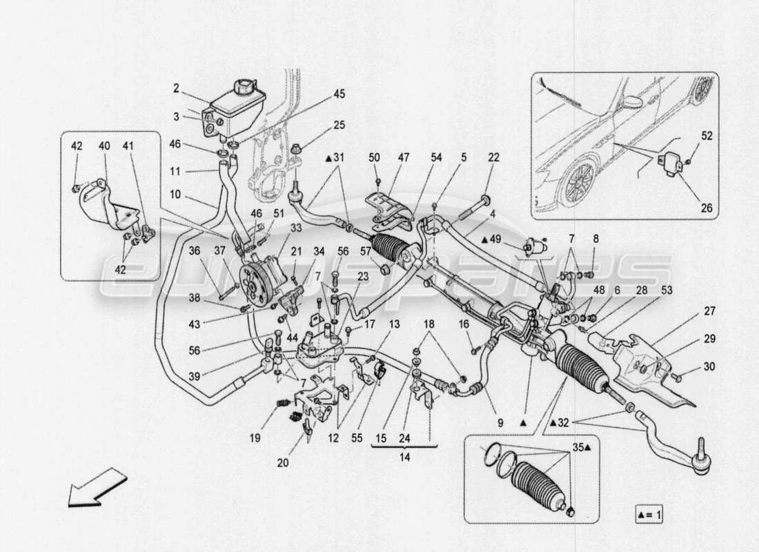 maserati qtp. v8 3.8 530bhp auto 2015 diagrama de pieza de la unidad de cremallera de dirección completa