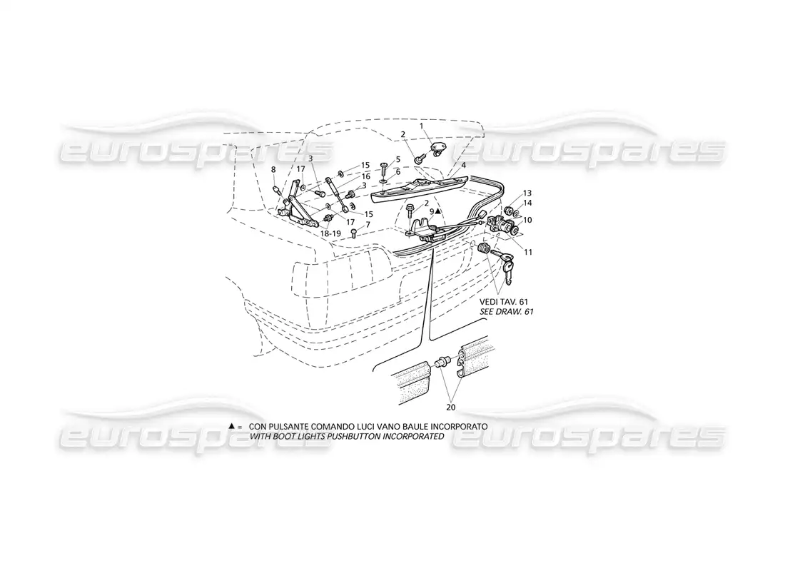 maserati qtp v8 evoluzione tapa del maletero: bisagras, diagrama de piezas de liberación de la tapa del maletero