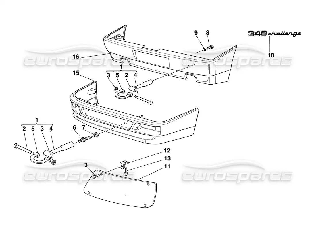ferrari 348 challenge (1995) ganchos de remolque - protectores de faros - diagrama de piezas de parachoques