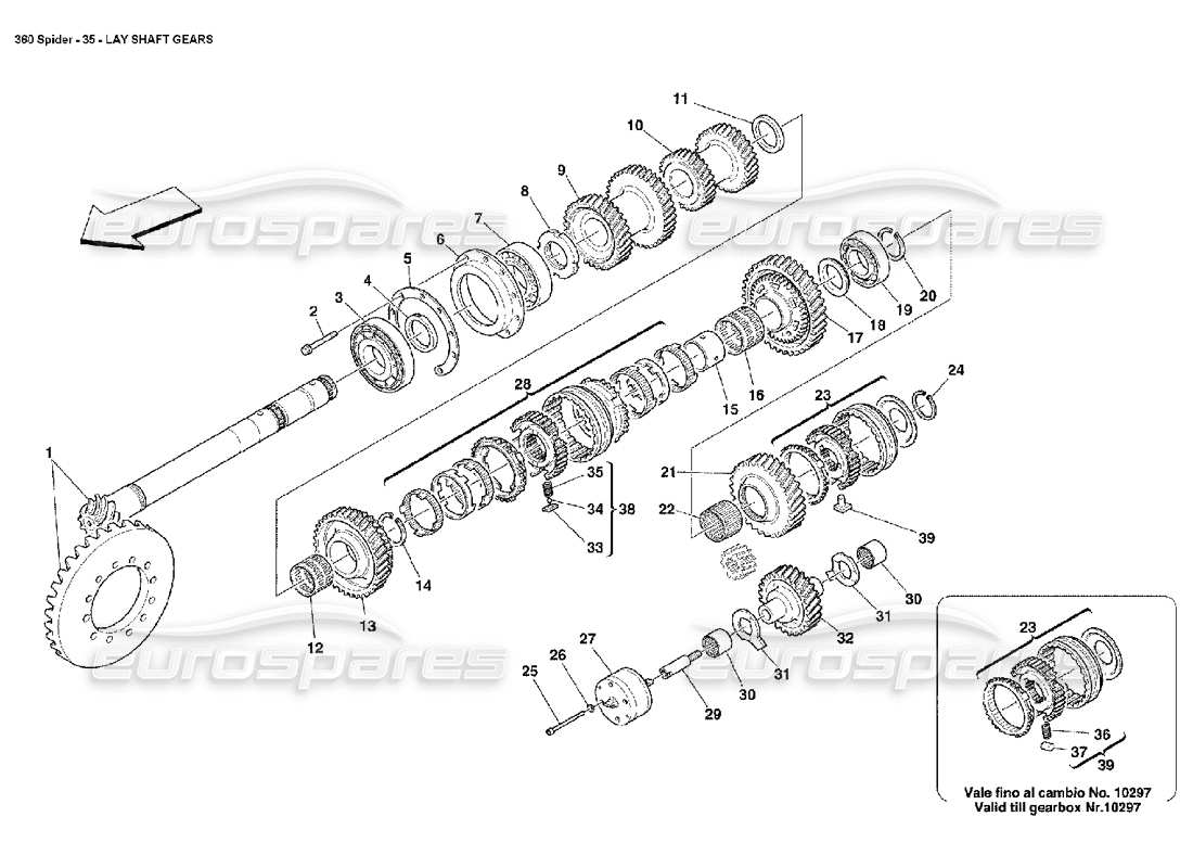 ferrari 360 spider diagrama de piezas de engranajes del eje de apoyo