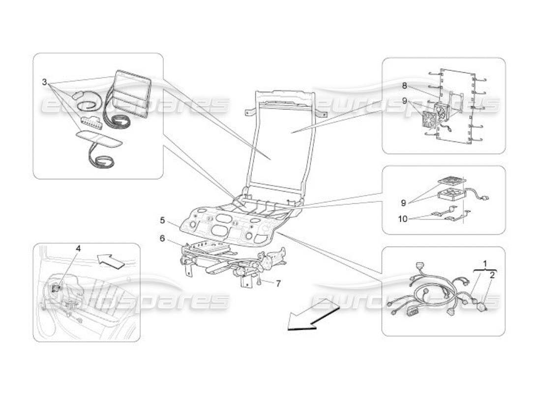 maserati qtp. (2005) 4.2 asientos traseros: diagrama de piezas de mecánica y electrónica