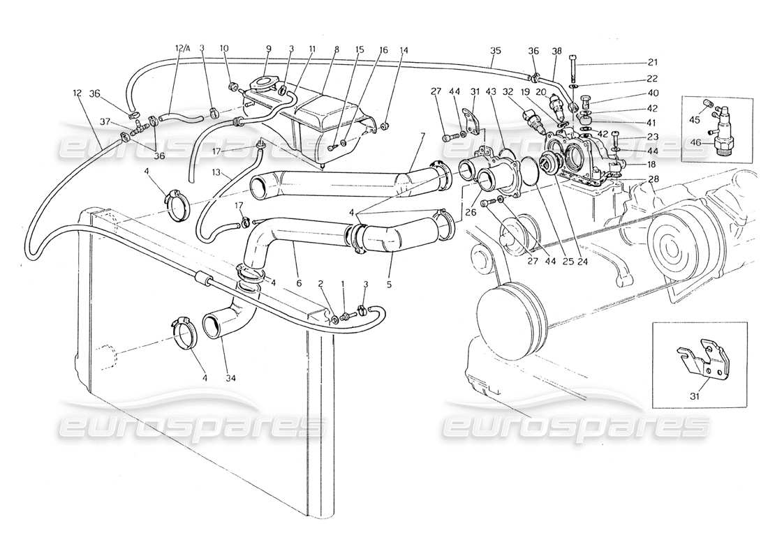 maserati 228 tubos de refrigeración del motor y termostato diagrama de piezas
