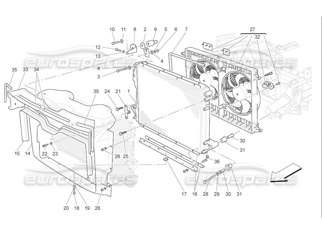 maserati qtp. (2006) 4.2 f1 enfriamiento: diagrama de piezas de conductos y radiadores de aire