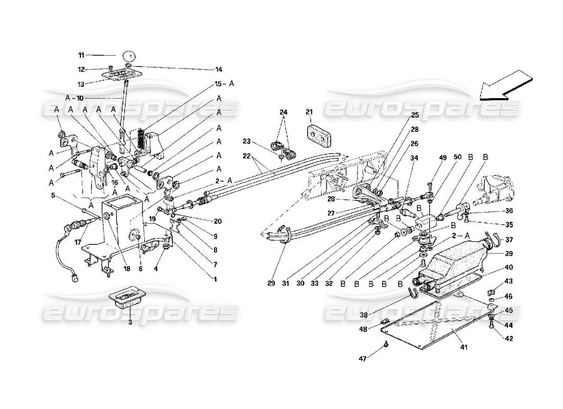 ferrari 348 (2.7 motronic) controles exteriores de la caja de cambios diagrama de piezas