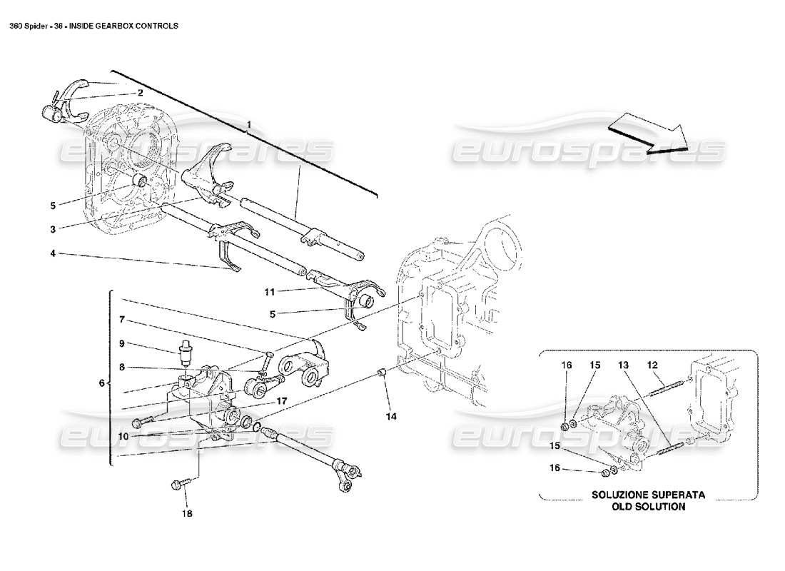 ferrari 360 spider diagrama de piezas de los controles internos de la caja de cambios