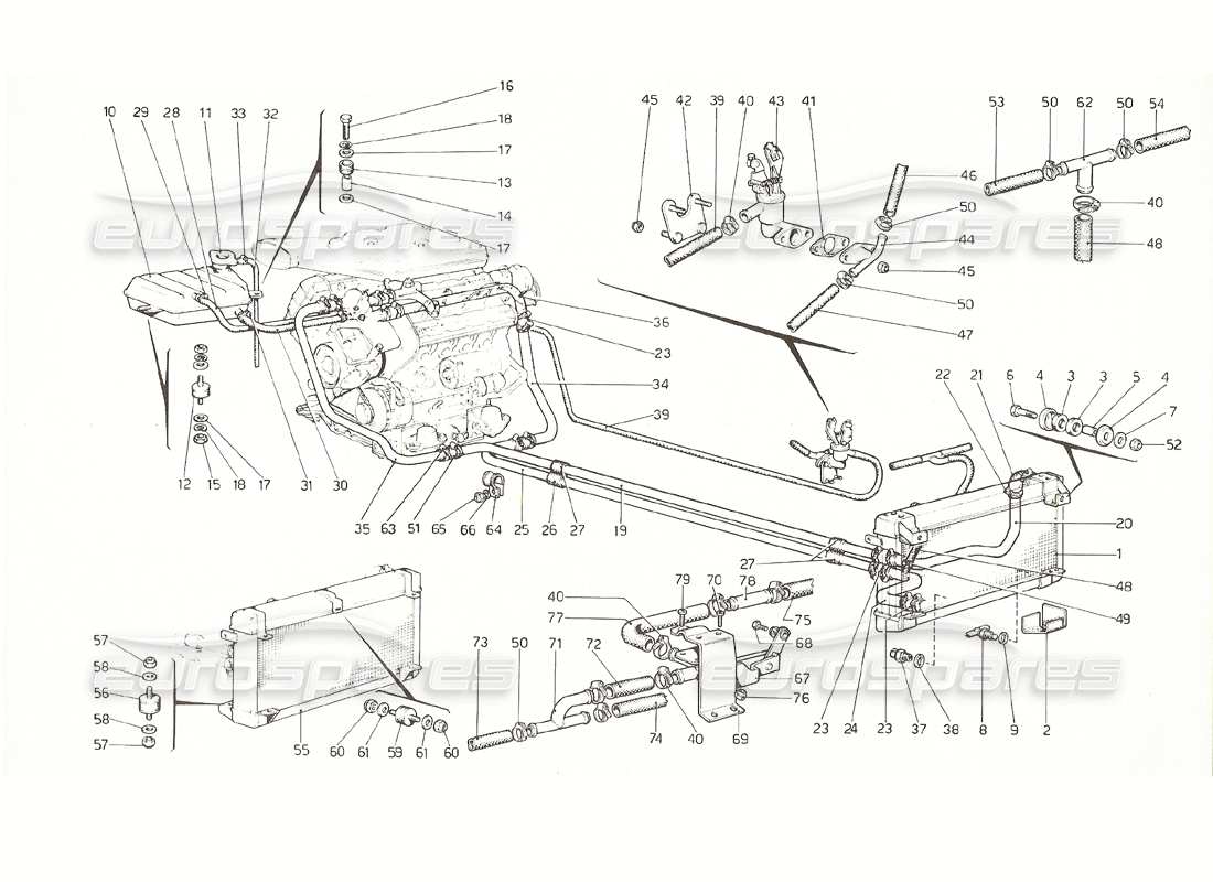 ferrari 308 gt4 dino (1976) sistema de refrigeración diagrama de piezas