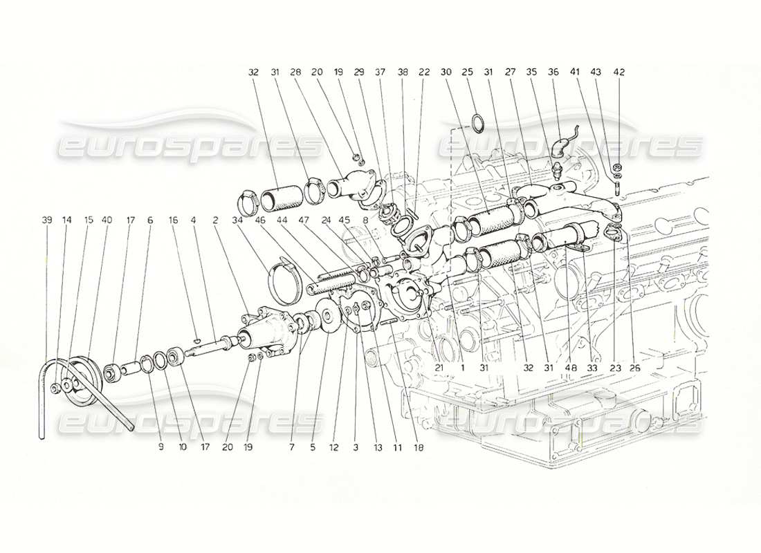 ferrari 308 gt4 dino (1976) bomba de agua y tuberías diagrama de piezas