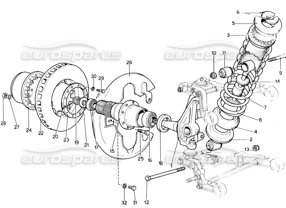 ferrari 365 gtb4 daytona (1969) diagrama de piezas de amortiguador, cubo y disco de freno delantero