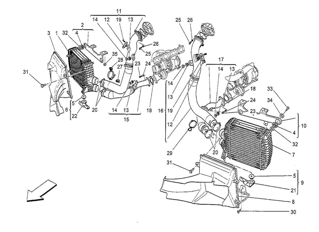 maserati qtp. v8 3.8 530bhp 2014 diagrama de piezas del sistema de intercooler