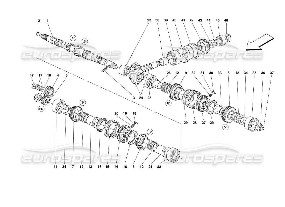 ferrari 355 (2.7 motronic) engranajes del eje principal diagrama de piezas