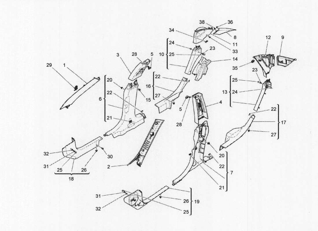 maserati qtp. v6 3.0 bt 410bhp 2wd 2017 diagrama de piezas de paneles laterales y embellecedores del pilar b del compartimento de pasajeros