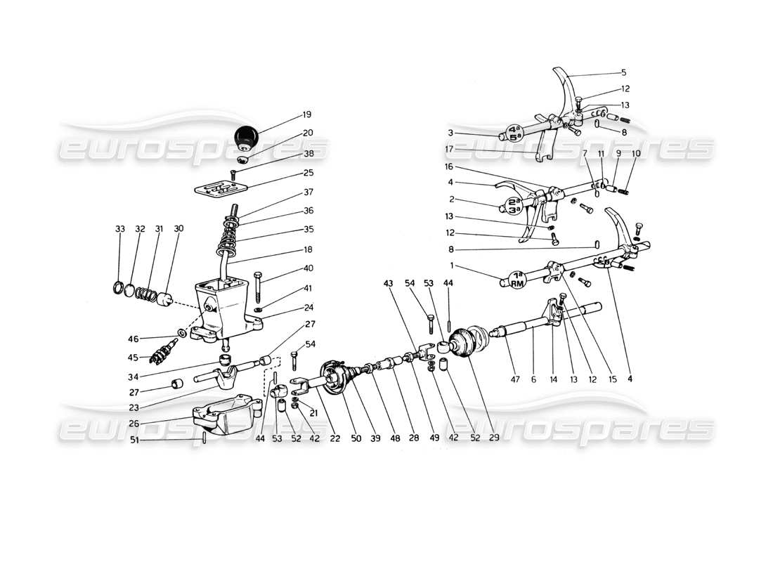 ferrari 365 gt4 berlinetta boxer diagrama de piezas de controles de la caja de cambios (del automóvil número 18225)
