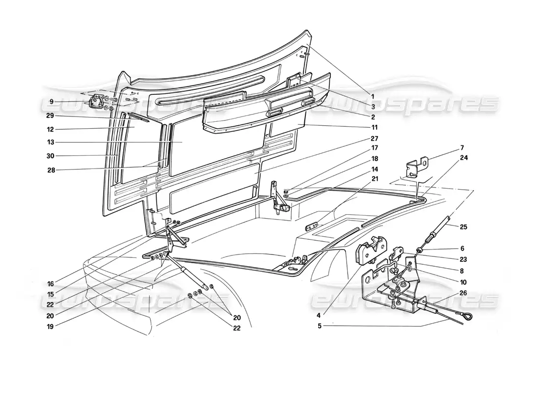 ferrari testarossa (1987) diagrama de piezas del capó delantero