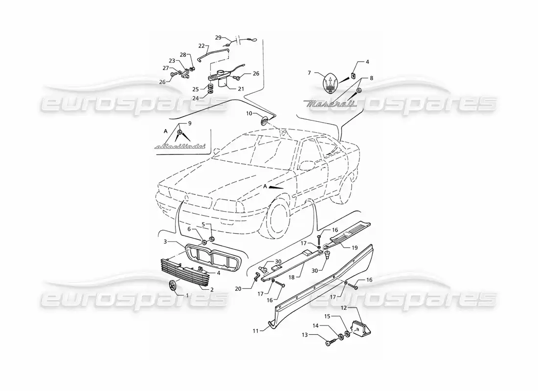 maserati qtp v8 (1998) acabado exterior - insignias diagrama de piezas