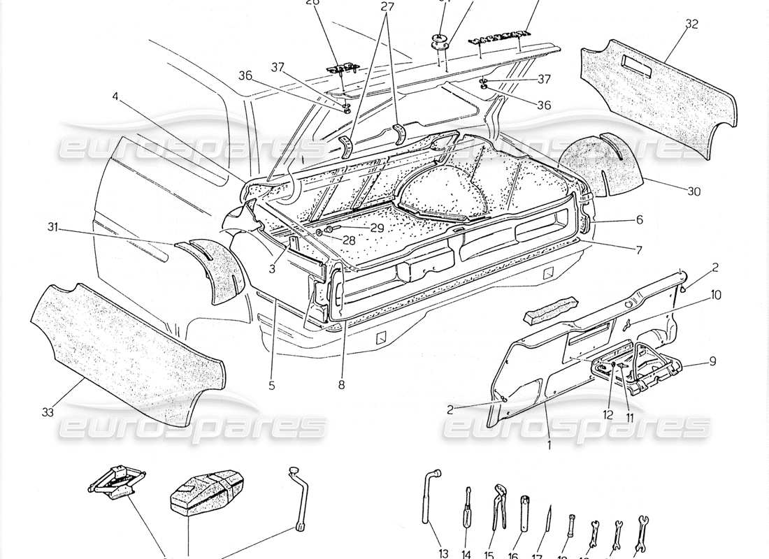 maserati 228 bota: diagrama de piezas de insignias, alfombras y herramientas