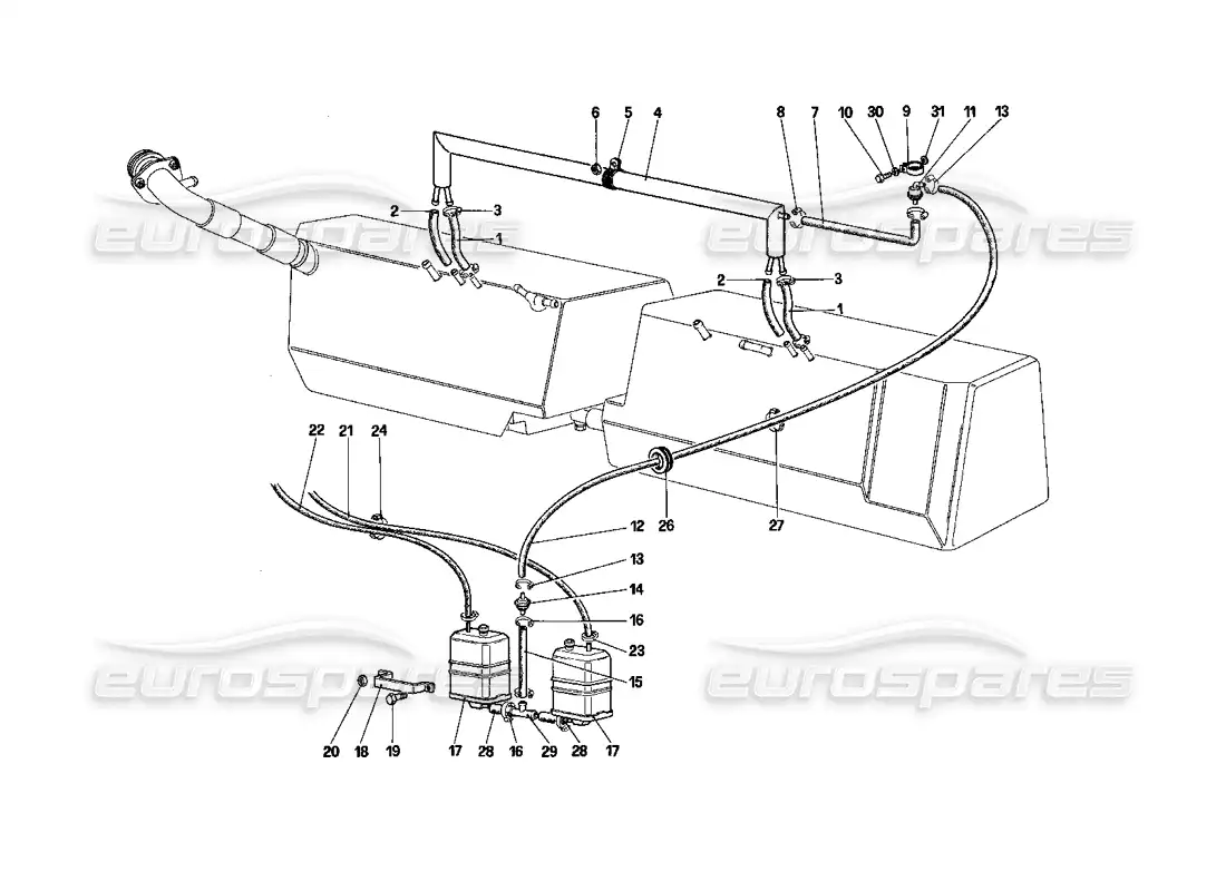 ferrari testarossa (1990) sistema de control de emisiones antievaporativas (para ee. uu., sudáfrica y ch88) diagrama de piezas