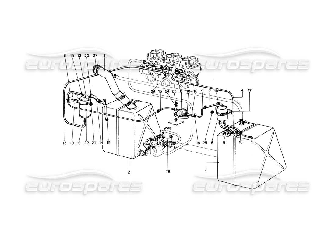 ferrari 246 dino (1975) diagrama de piezas del sistema de combustible (variantes para versiones de ee. uu.)