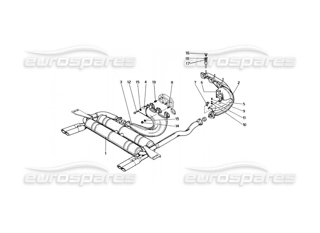 ferrari 246 dino (1975) diagrama de piezas del sistema de escape (variantes para versiones de ee. uu.)