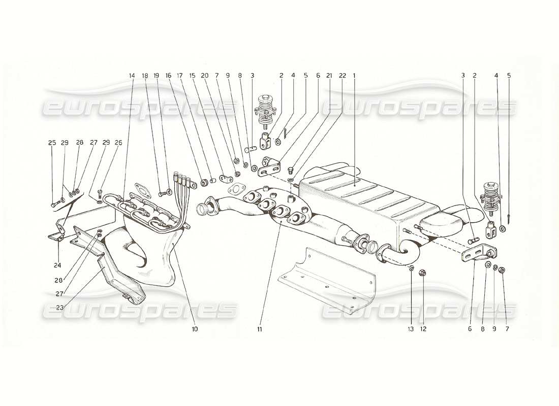 ferrari 308 gt4 dino (1976) diagrama de piezas del sistema de escape (versiones de ee. uu. y australia 1976)