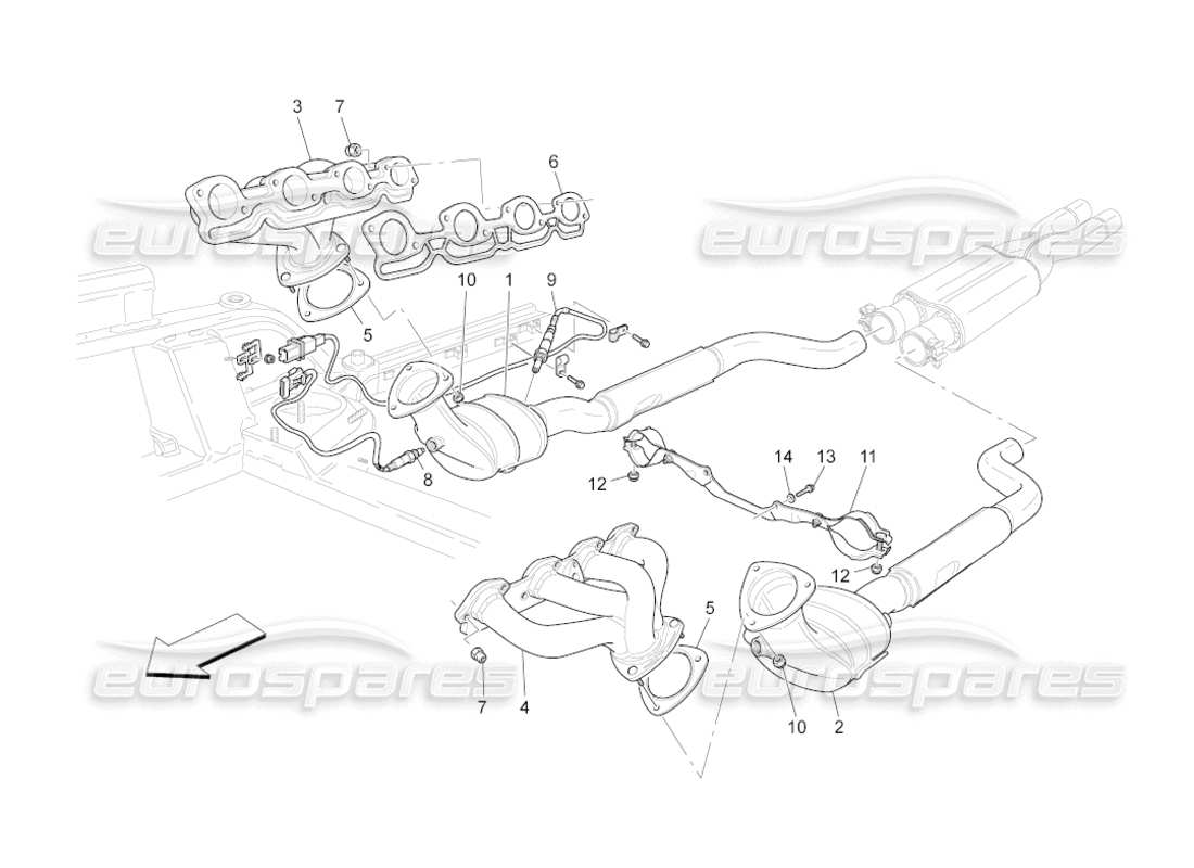 maserati grancabrio (2011) 4.7 diagrama de piezas de convertidores precatalíticos y convertidores catalíticos