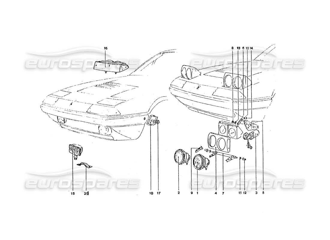 ferrari 365 gt4 2+2 coachwork diagrama de piezas de las luces delanteras