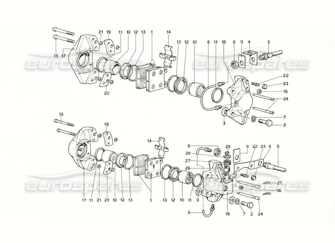 ferrari 308 gt4 dino (1976) diagrama de piezas de pinzas para frenos delanteros y traseros