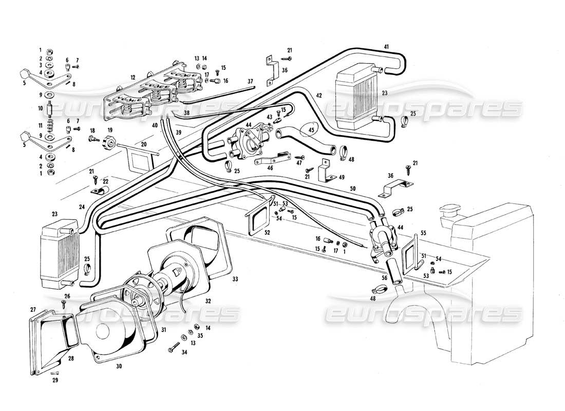 maserati qtp.v8 4.7 (s1 & s2) 1967 diagrama de piezas del sistema de calefacción y refrigeración
