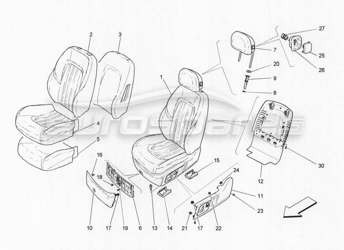 maserati qtp. v8 3.8 530bhp auto 2015 asientos delanteros: diagrama de piezas de los paneles tapizados