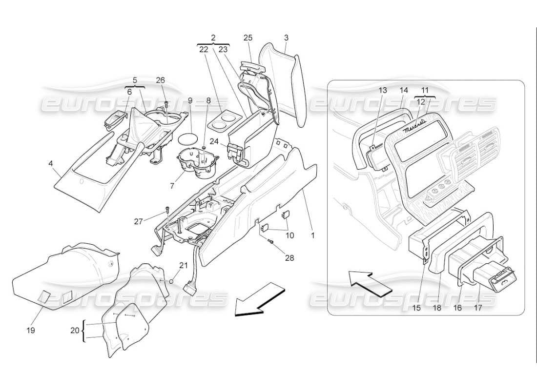 maserati qtp. (2008) 4.2 auto diagrama de piezas de la consola de accesorios y la consola central