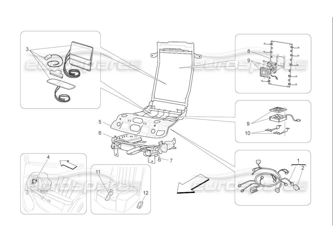maserati qtp. (2009) 4.7 auto asientos traseros: diagrama de piezas de mecánica y electrónica