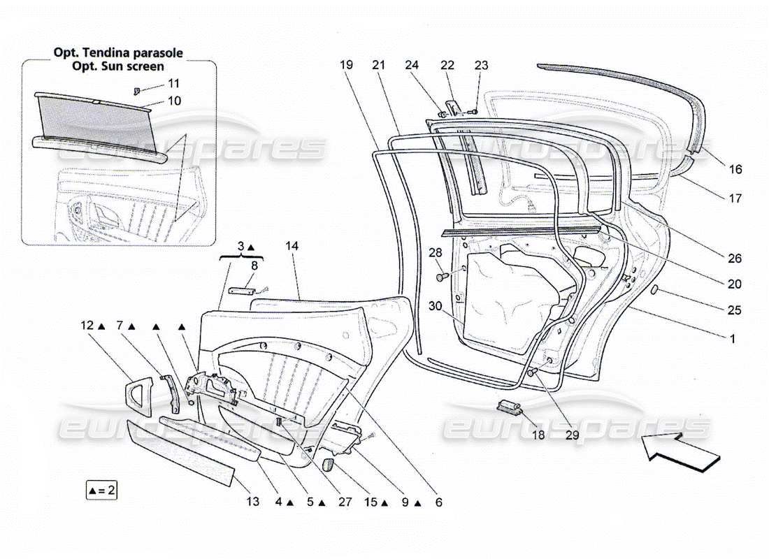 maserati qtp. (2010) 4.2 puertas traseras: diagrama de piezas de los paneles embellecedores