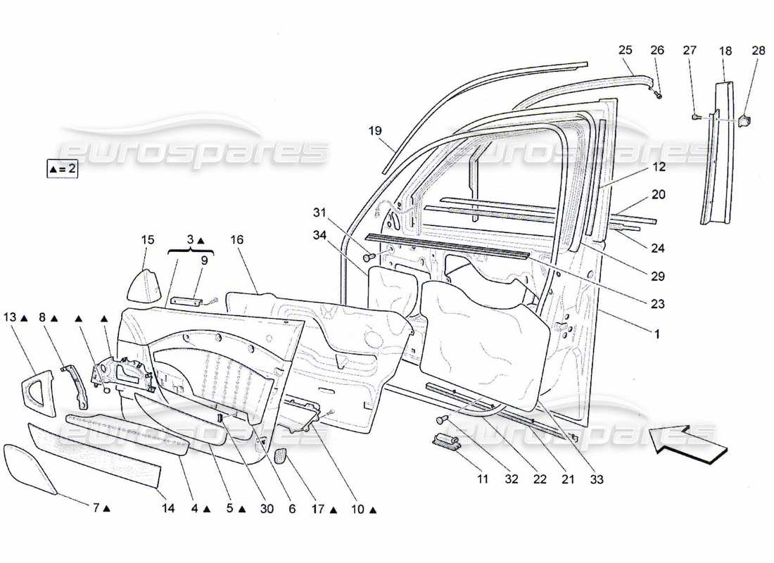 maserati qtp. (2010) 4.7 puertas delanteras: diagrama de piezas de los paneles embellecedores