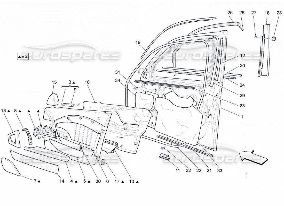 maserati qtp. (2010) 4.2 puertas delanteras: diagrama de piezas de los paneles embellecedores