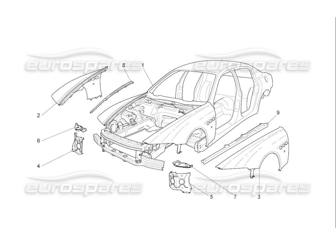 maserati qtp. (2008) 4.2 auto diagrama de piezas de la carrocería y los paneles exteriores delanteros
